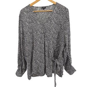 Talbots Plus 2X Black White Abstract Print Wrap Tie Waist Blouse Long Sleeve Top